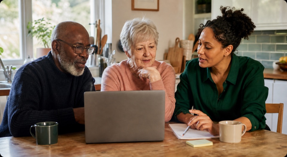 A mixed-age community group learning together around a laptop
