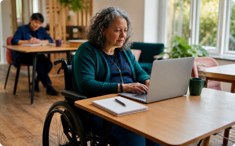A wheelchair user taking part in a practical laptop training session