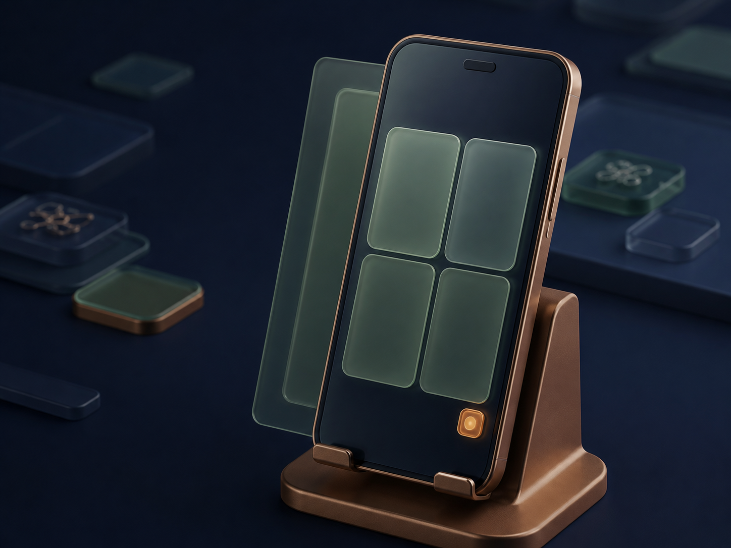 Abstract mobile interface with large calm controls on a bronze stand