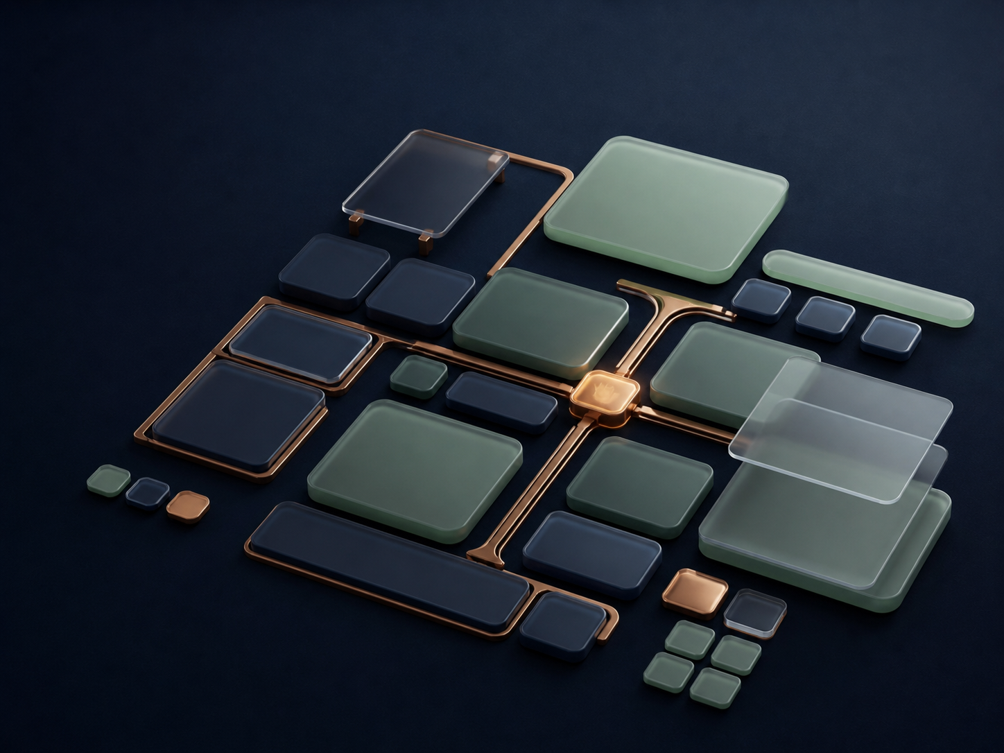 Abstract design system of modular jade and slate components connected by bronze routes