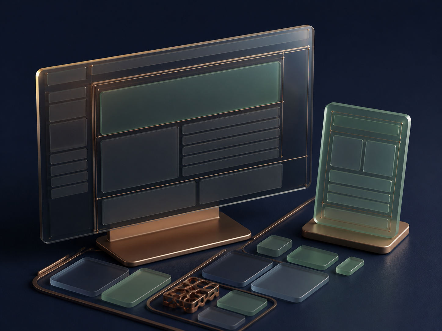 Abstract web design system rendered as a desktop display and companion panel