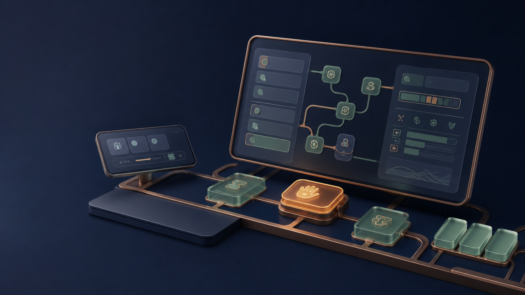 Connected control surface showing human and AI work moving through a designed system