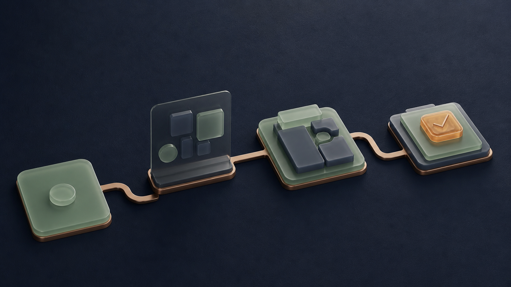 Four-stage practical AI support pathway connected by a bronze route