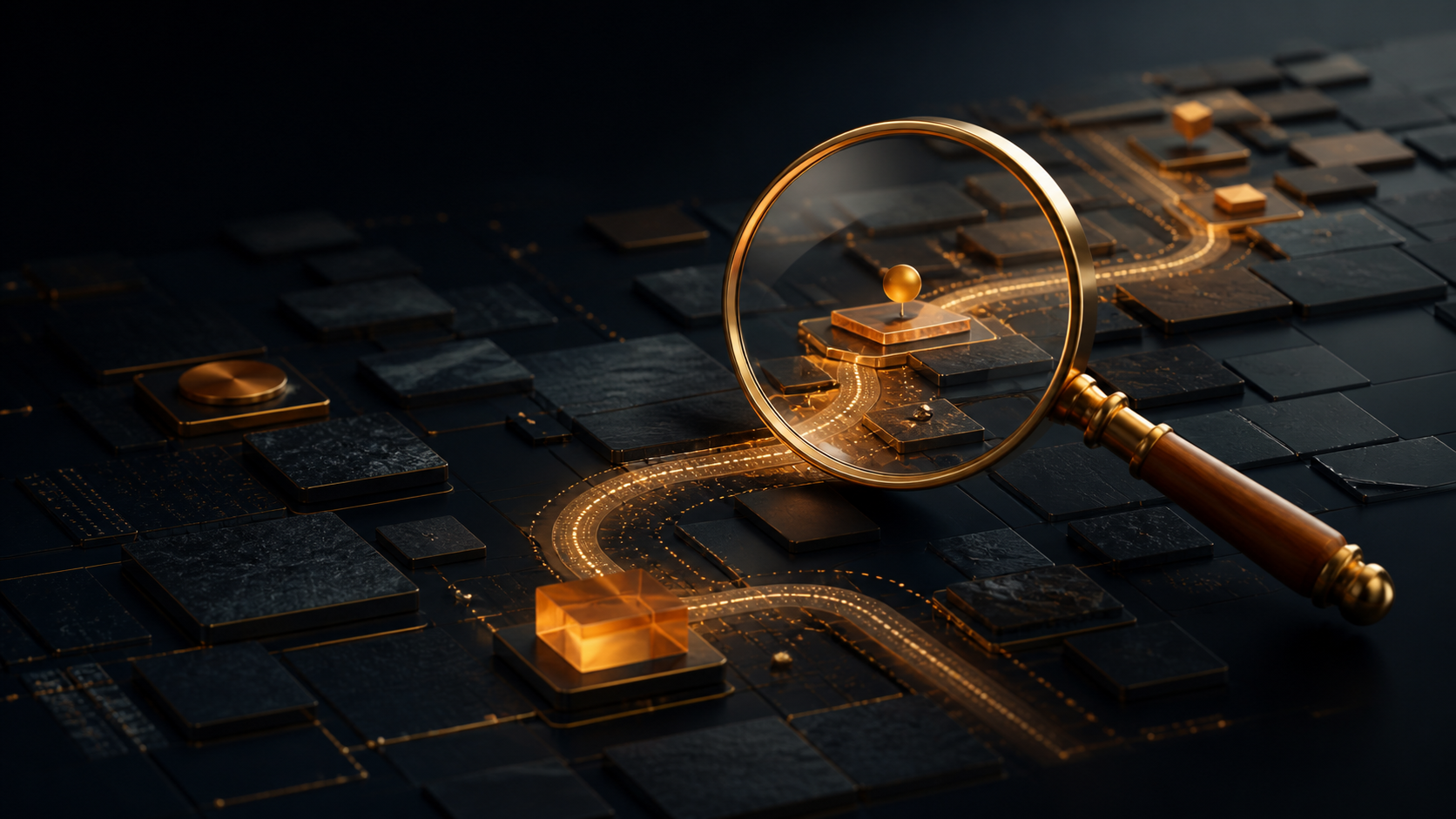 Gold search lens tracing a route across structured information