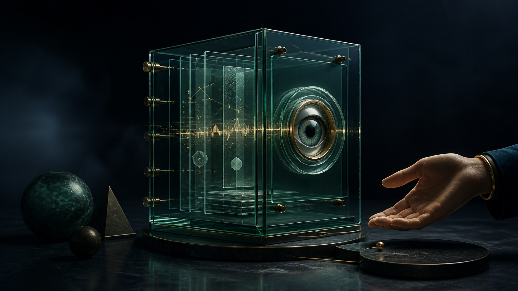 Layered glass intelligence chamber representing clear and accountable AI